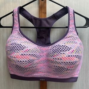 Victoria Secret, VSX Sport Bra 38DD, hook & eye closure, Violet multicolor.